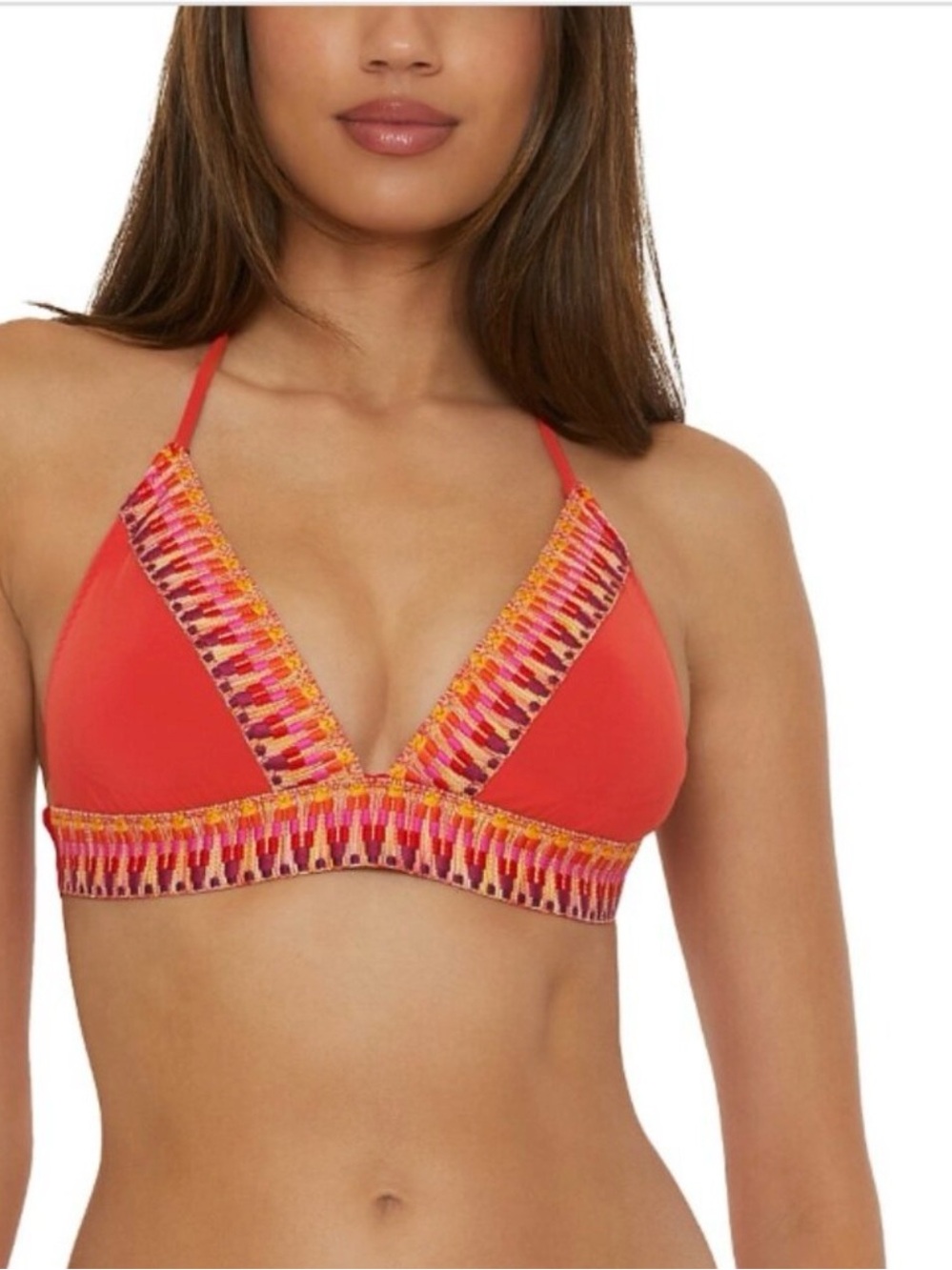 NWT BECCA Red Triangle Bikini Top with Multicolor Embroidered Trim